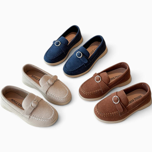 Mocassins fillette bleu marine, beige et marron à boucle ronde