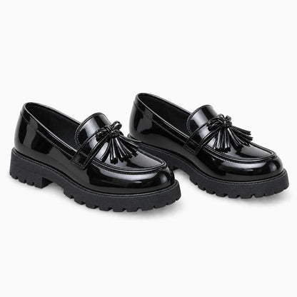 Mocassin fille noir avec nœud papillon et pompon, dessus lisse et brillant