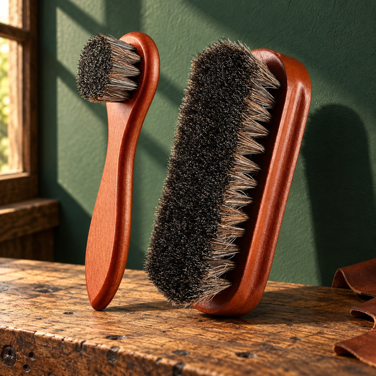 Duo de brosses pour chaussures en cuir : brosse à lustrer et brosse applicatrice