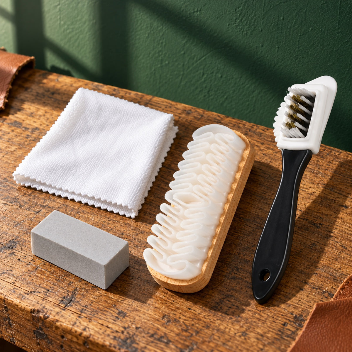 Kit d'entretien daim et nubuck : brosse crêpe, brosse 3 en 1, gomme et chiffon