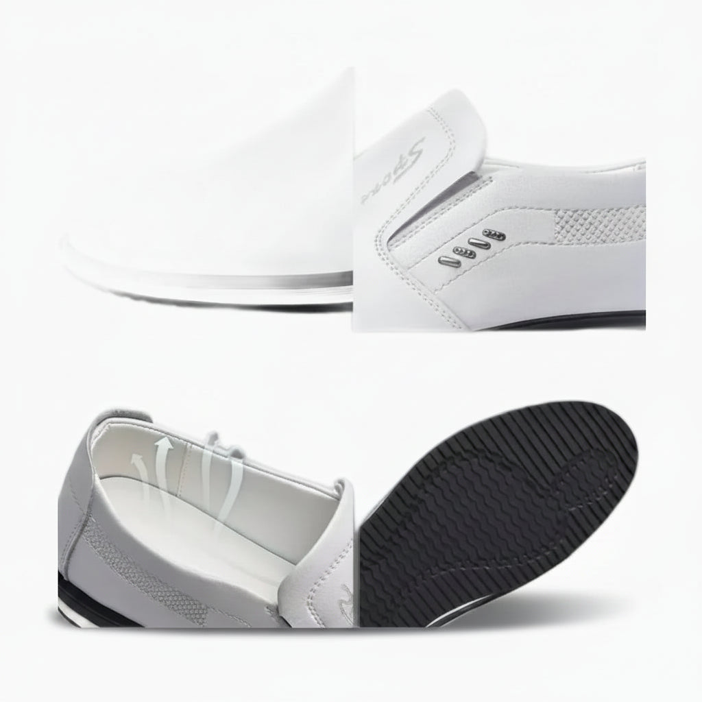 Mocassin anglais blanc épuré porté avec pantalon de costume et chaussette fine