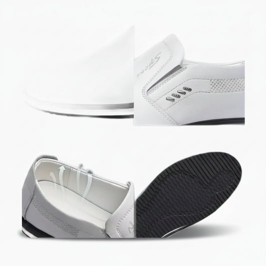 Mocassin anglais blanc épuré porté avec pantalon de costume et chaussette fine