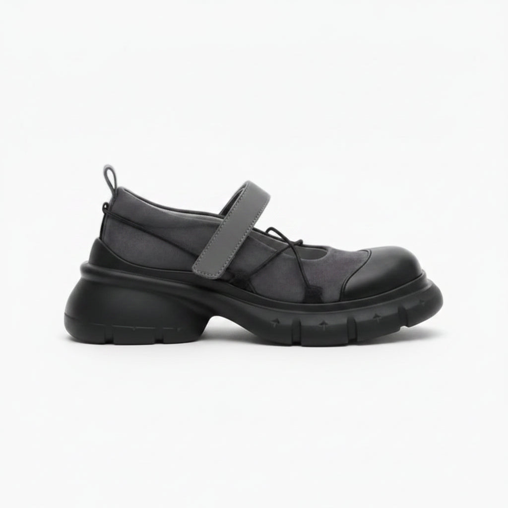 Mocassin plateforme bicolore noir et gris avec lanières croisées Mary Jane