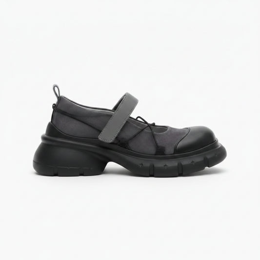 Mocassin plateforme bicolore noir et gris avec lanières croisées Mary Jane