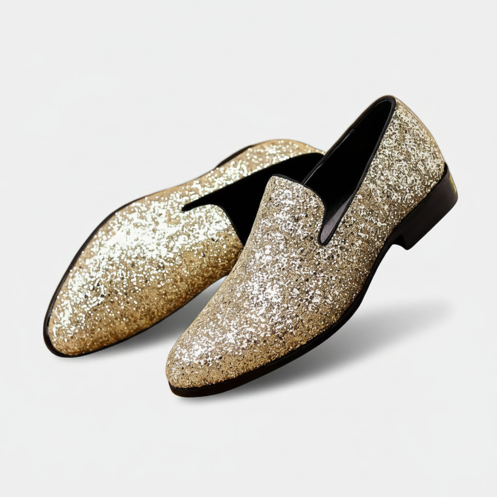 Mocassin brillant homme noir avec paillettes scintillantes pour soirée élégante