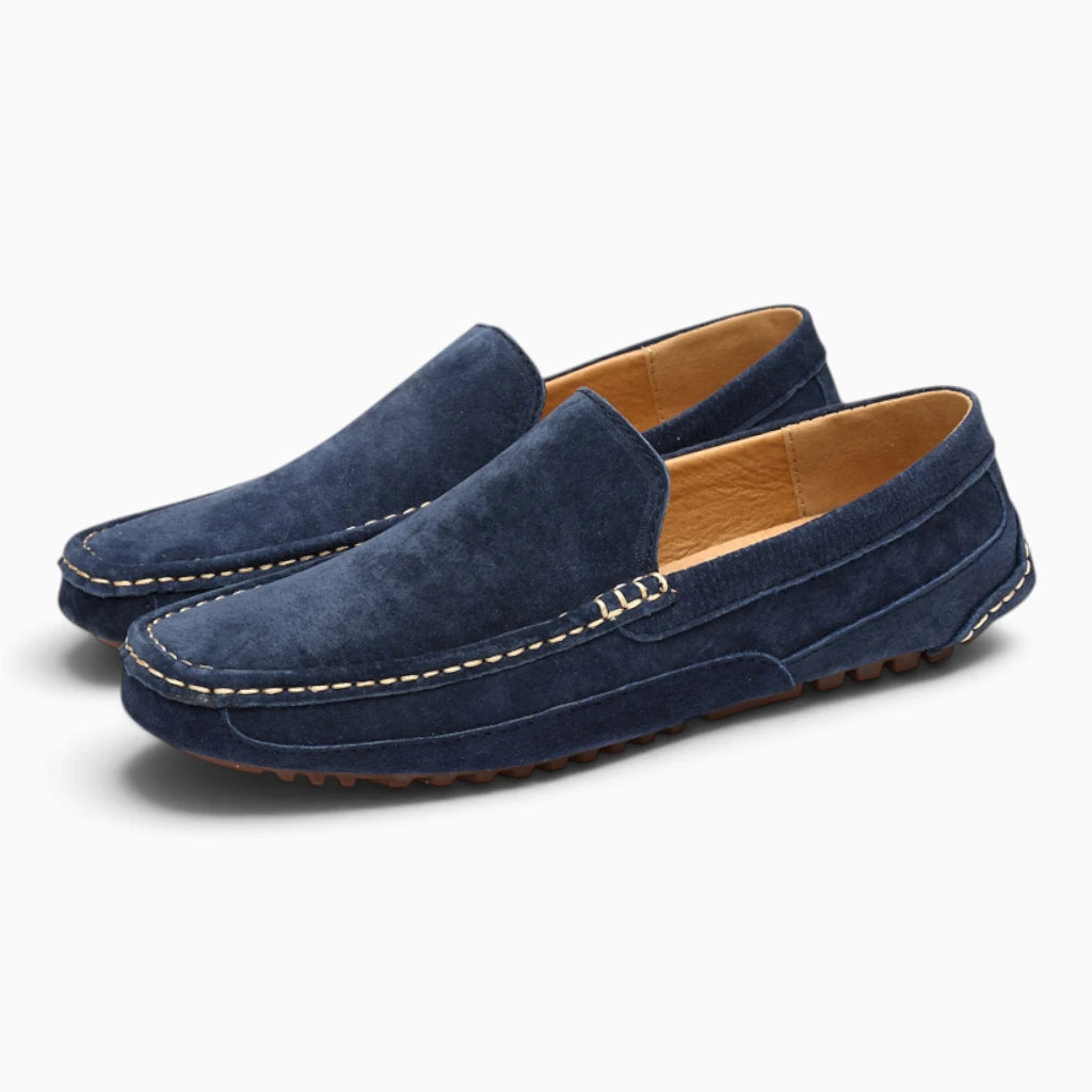 Mocassin mule homme en suédé bleu marine, design sans lacet pour un confort immédiat
