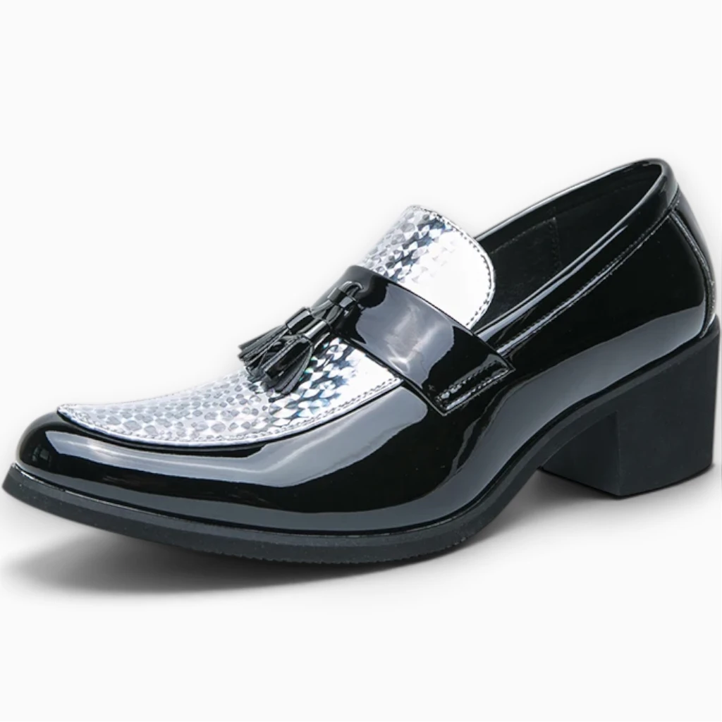 Mocassin compensé homme simili cuir texturé noir avec semelle épaisse de 6 cm