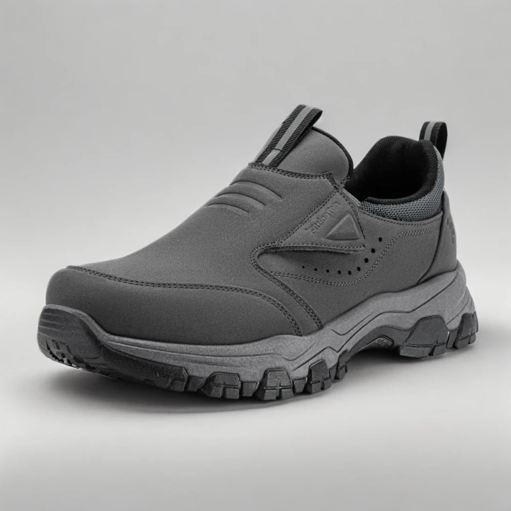 Profil latéral mocassin confortable homme gris avec semelle de soutien