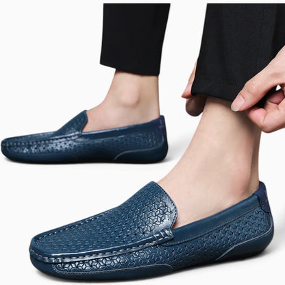 Mocassin homme cuir véritable bleu, look casual élégant style classique