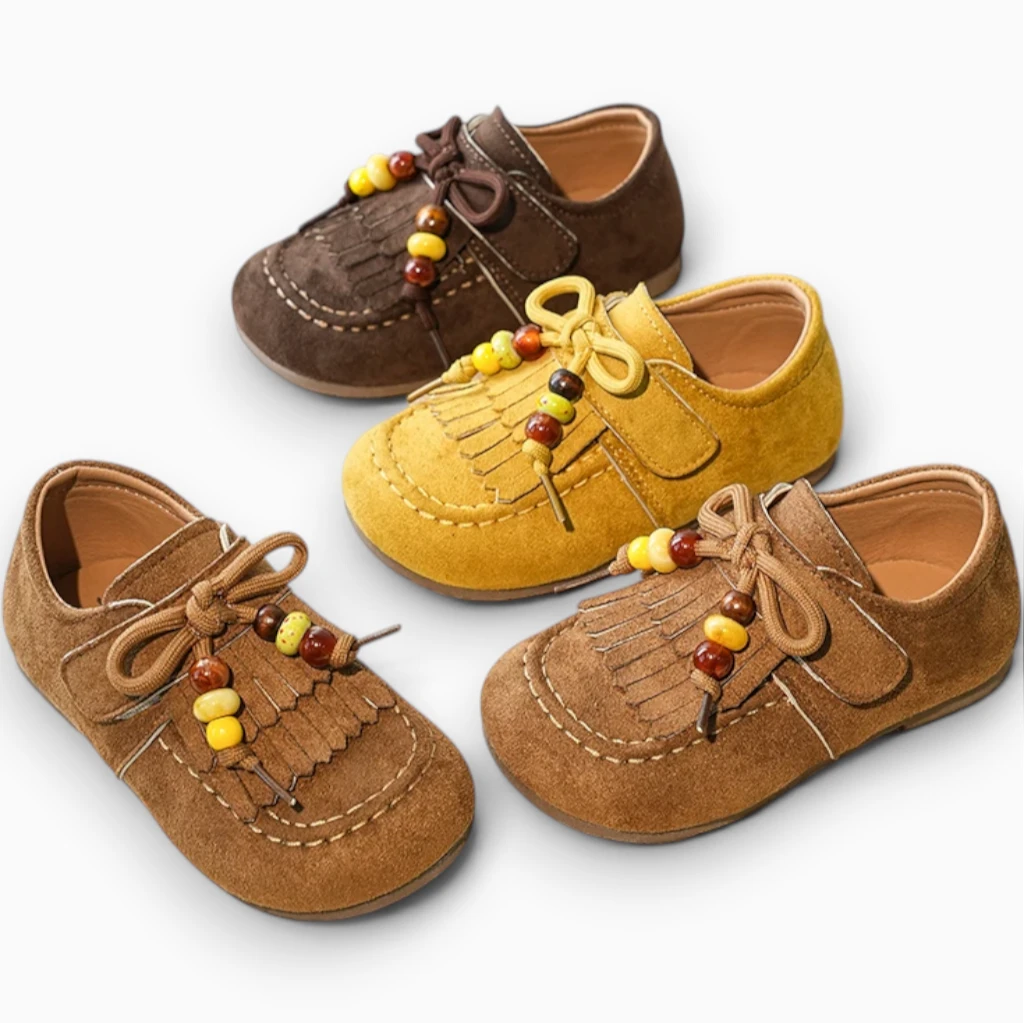 Chaussures fillette style mocassin en marron foncé, marron et jaune