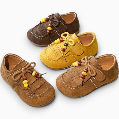 Chaussures fillette style mocassin en marron foncé, marron et jaune