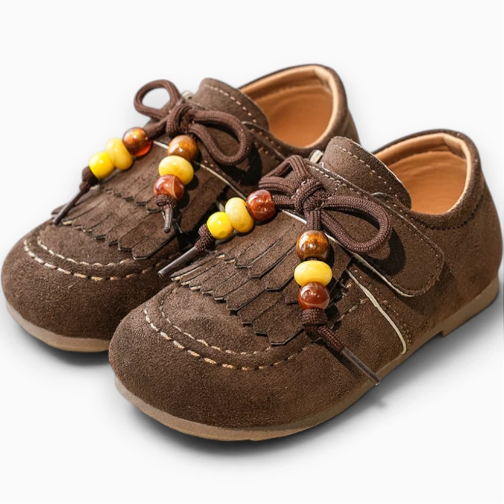 Paire de chaussures fillette marron foncé à franges et perles