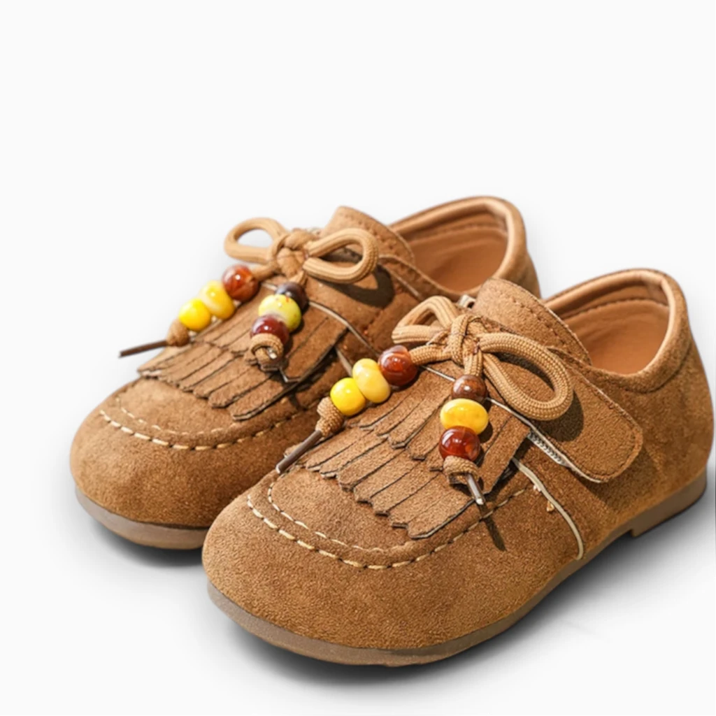 Paire de chaussures printemps fillette marron, nœud et perles colorées