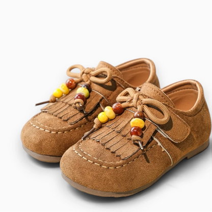 Paire de chaussures printemps fillette marron, nœud et perles colorées