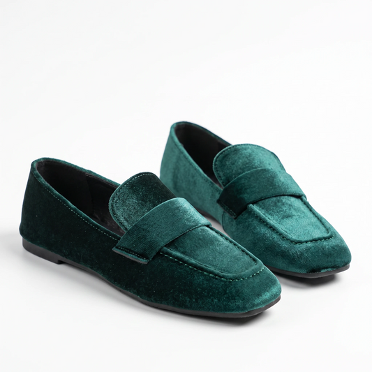 Mocassin femme bout pointu en velours violet, vue de profil