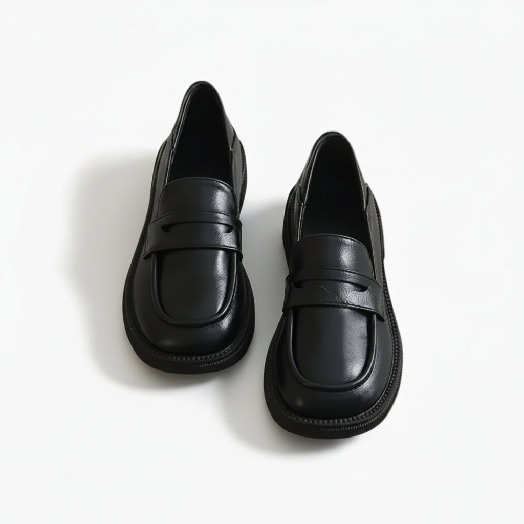 Mocassin femme grosse semelle en cuir noir avec plateforme épaisse et design intemporel