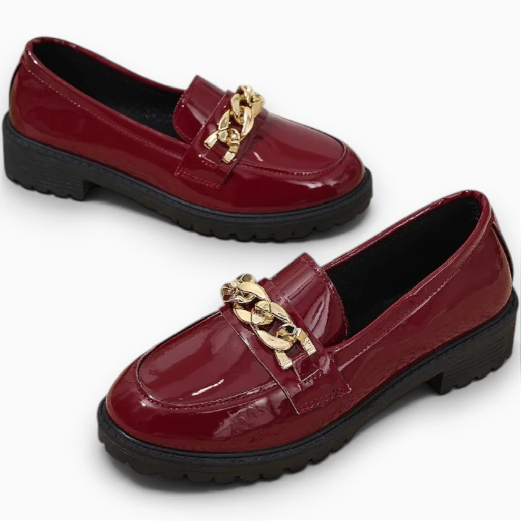 Mocassin femme haut de gamme bout rond avec chaîne métallique raffinée