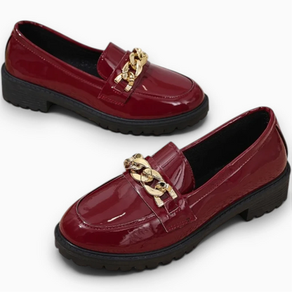 Mocassin femme haut de gamme bout rond avec chaîne métallique raffinée