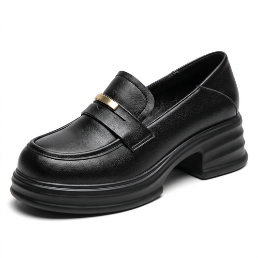 Mocassin femme à talon haut en cuir noir, vue de profil mettant en évidence le talon épais stable