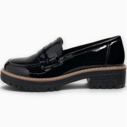 Mocassin femme semelle épaisse, base stable et lustre discret du vernis