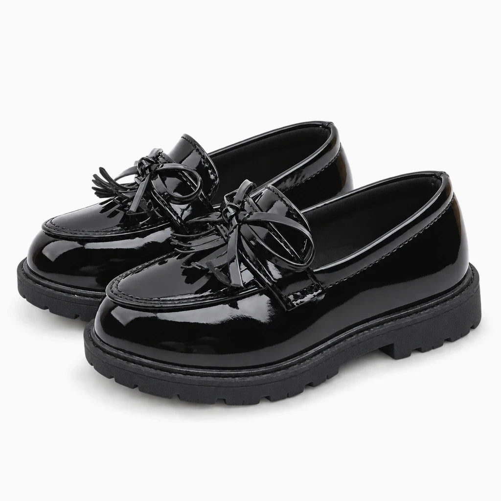 Mocassin noir fille sans lacet, enfiler facile pour l'école et les sorties