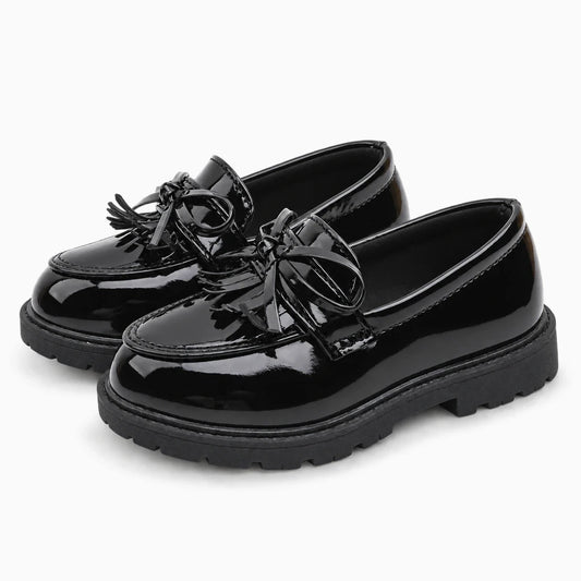 Mocassin noir fille sans lacet, enfiler facile pour l'école et les sorties