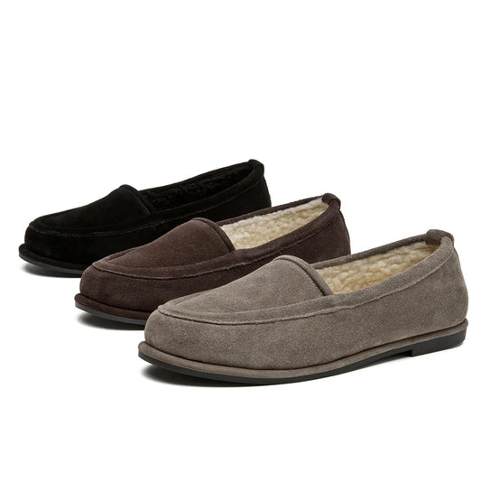 Mocassin fourré femme en daim de vache avec doublure peluche pour l'hiver
