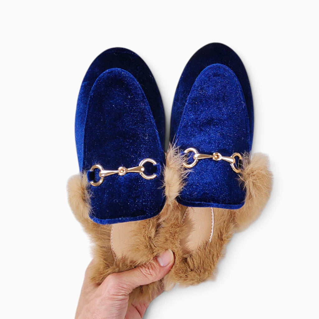 Mocassin fourrure femme bleu avec style rétro décontracté
