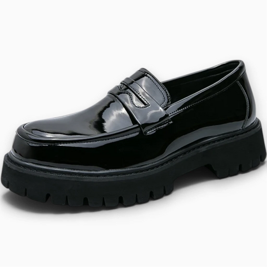 Mocassin grosse semelle homme en simili cuir noir avec plateforme épaisse stabilisante