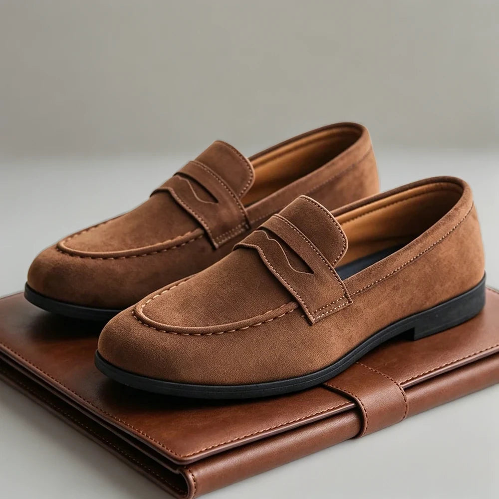 Mocassins homme daim marron de profil illustrant lignes épurées et design italien