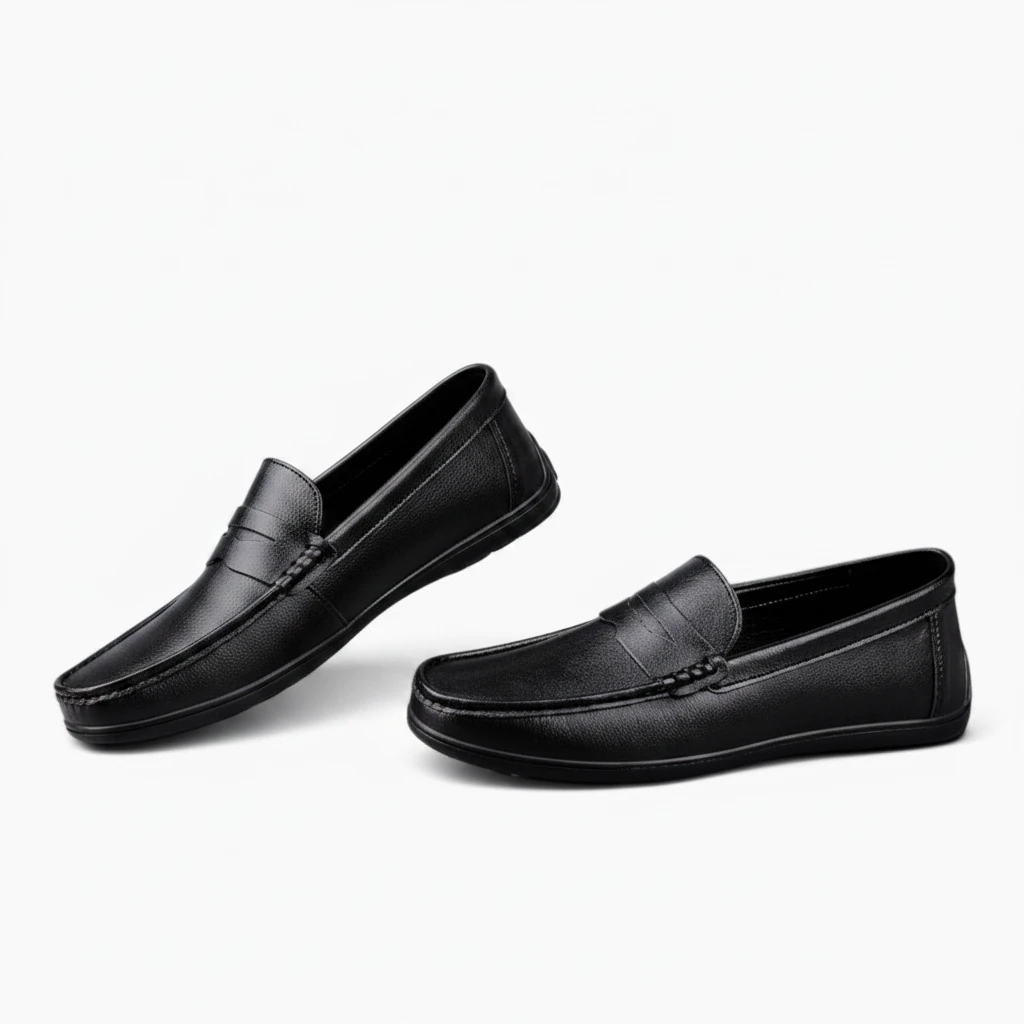 Paire de mocassins homme cuir noir, style bateau élégant et polyvalent