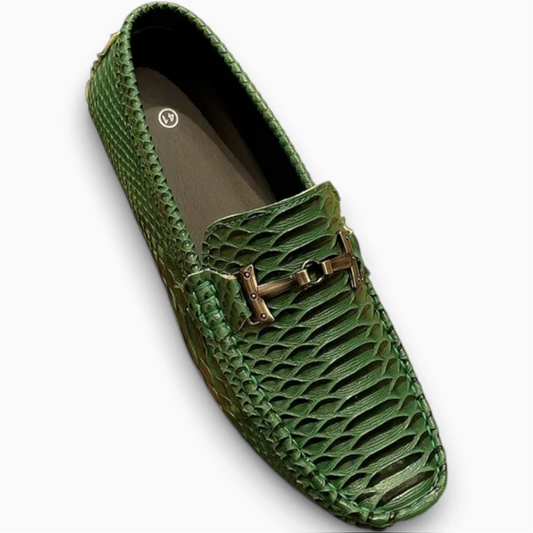 Mocassin homme rose avec détail gaufré python et mors métallique