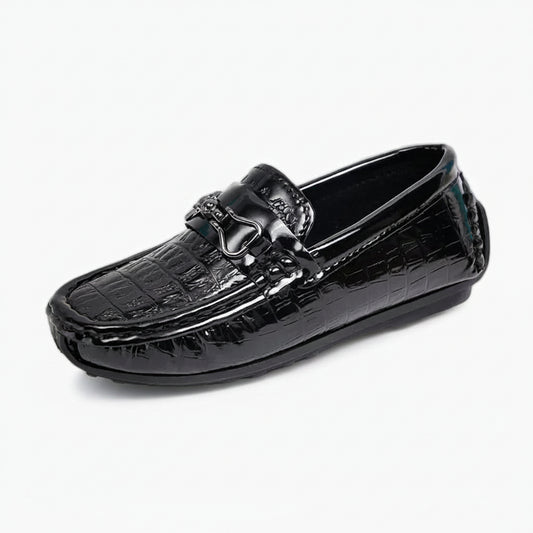 Mocassin italien enfant noir avec détail métal discret sur le dessus