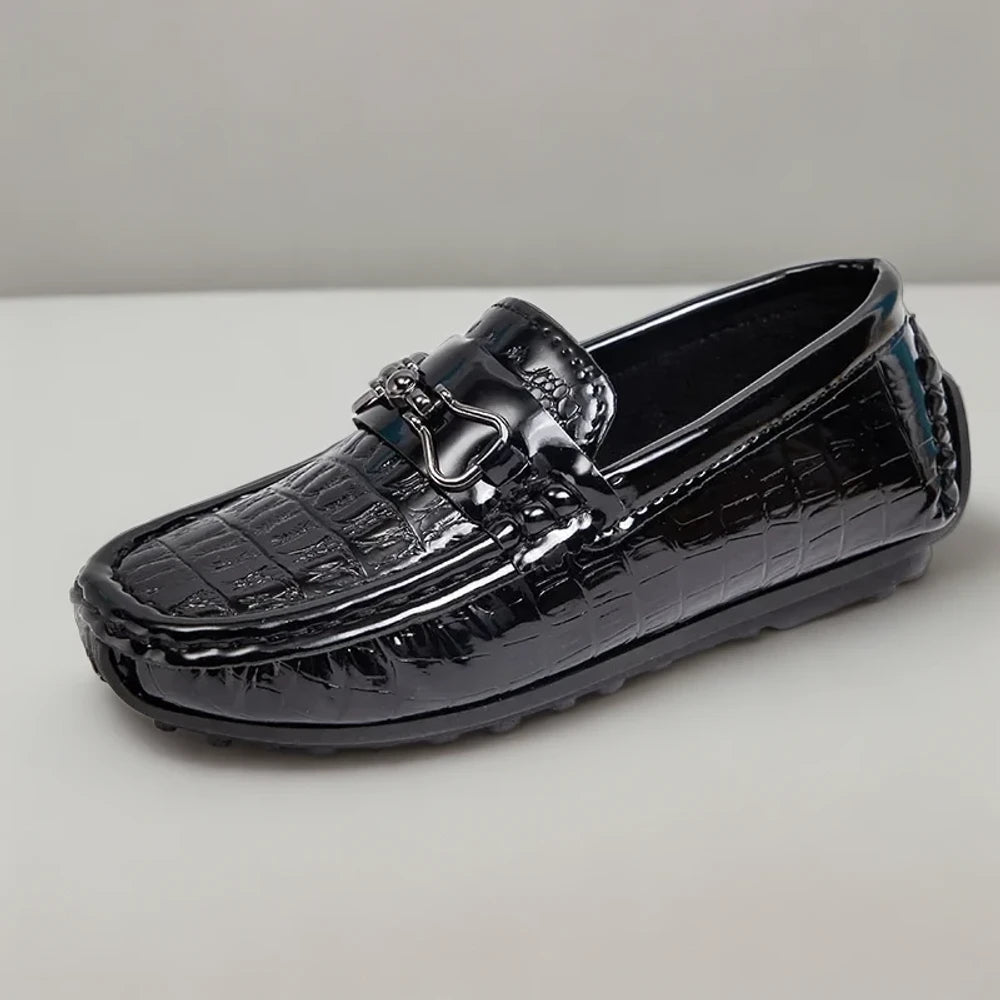 Mocassins italiens bicolores bleu et noir vue de profil