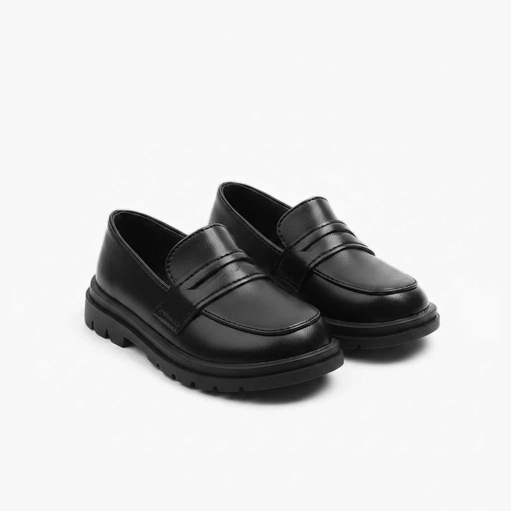 Mocassin noir luxe enfant style anglais classique sans lacets