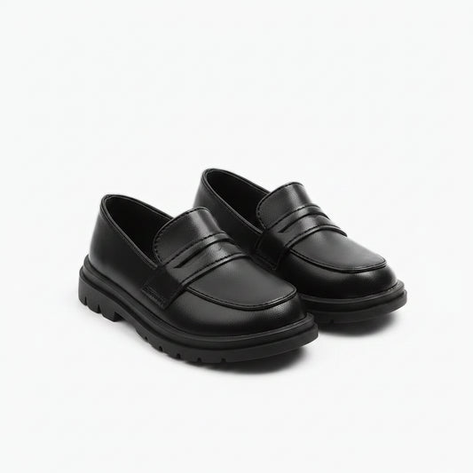 Mocassin noir luxe enfant style anglais classique sans lacets