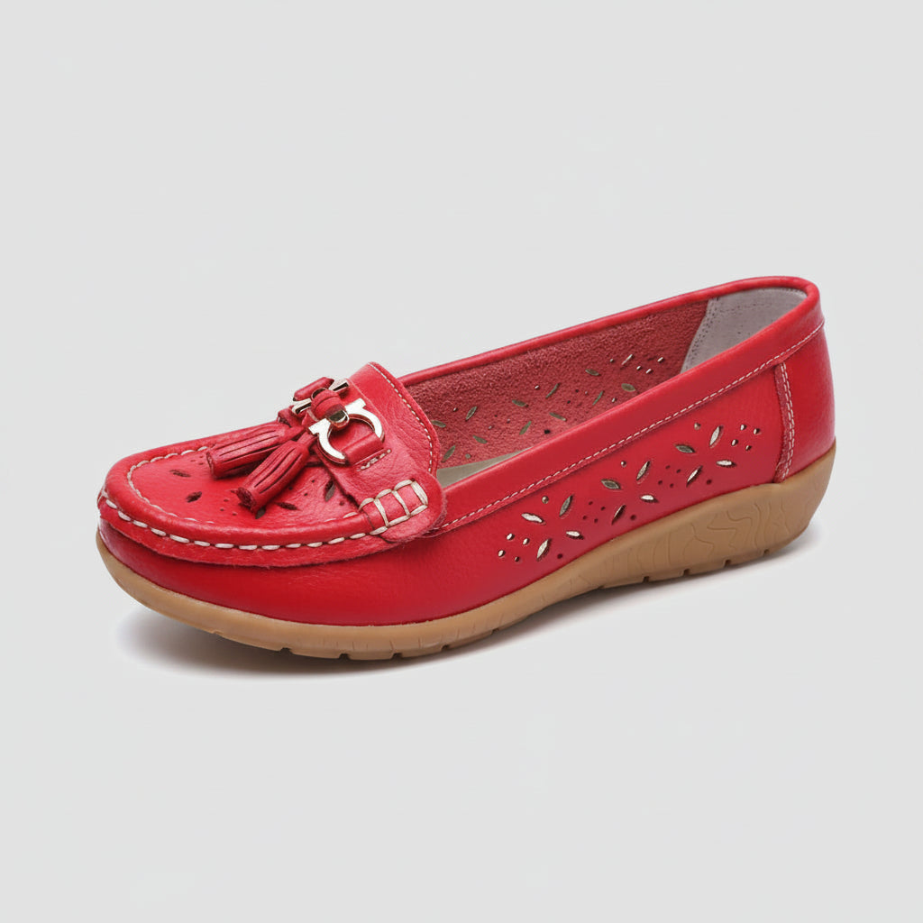Mocassin pied large cuir blanc lumineux avec semelle compensée pour femme