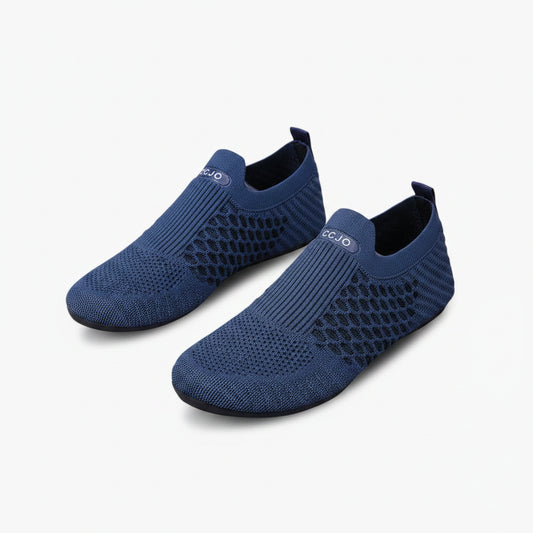 Mocassin plat bleu en textile respirant pour homme, vue de profil