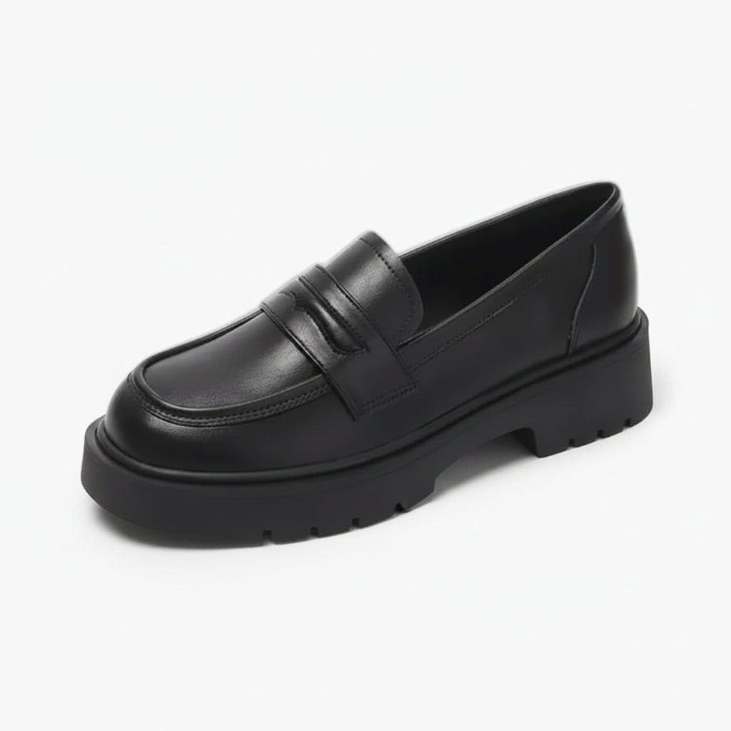 Mocassin plat femme noir avec semelle épaisse et bout rond élégant
