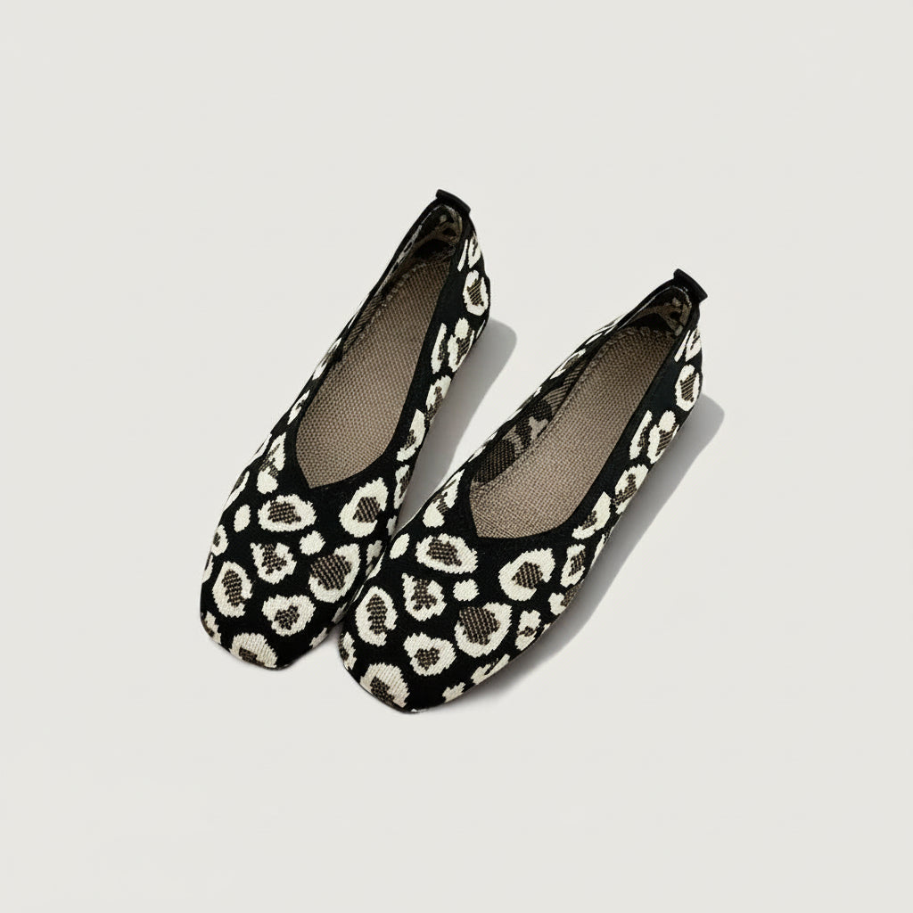Mocassin plat femme motif léopard tricoté à bout carré