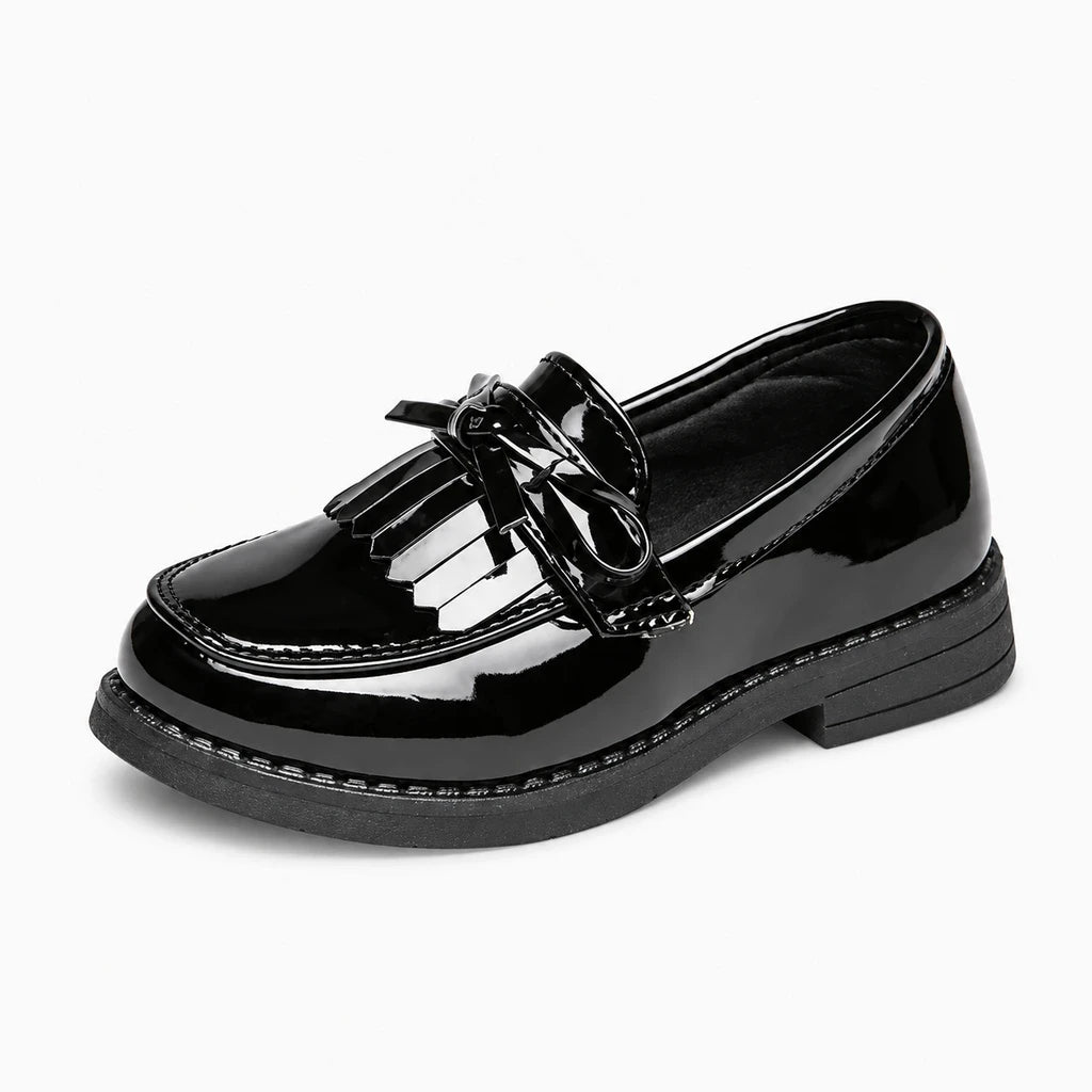 Mocassin pour fille en cuir souple noir, sans lacets, à enfiler rapidement