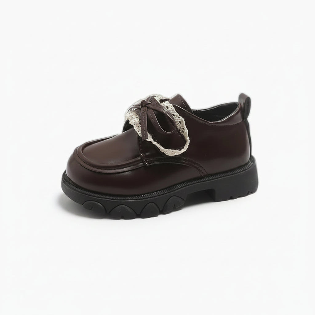 Mocassin raphia marron et noir avec nœud dentelle pour enfant