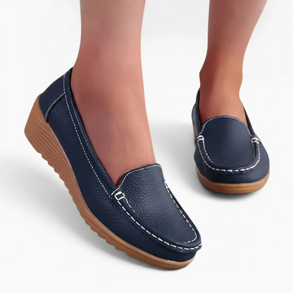 Mocassin compensées femme bleu marine, semelle compensée légère