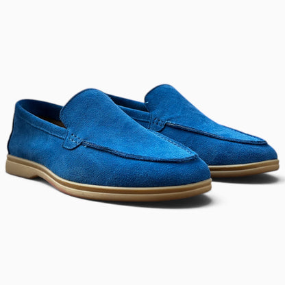 Mocassin suède homme bleu, vue latérale trois-quarts