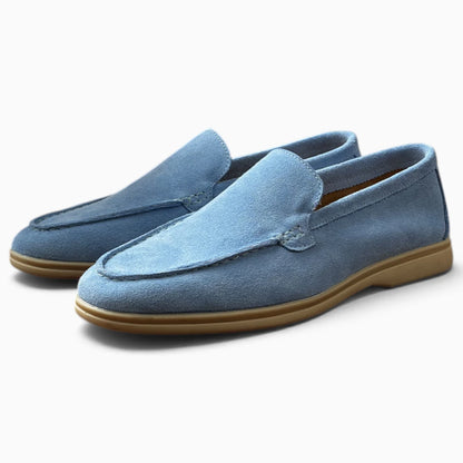 Mocassin suède homme bleu ciel, perspective trois-quarts