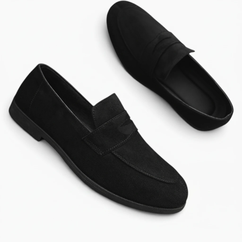 Paire de mocassins noir homme en cuir, détail de la bande et couture visible