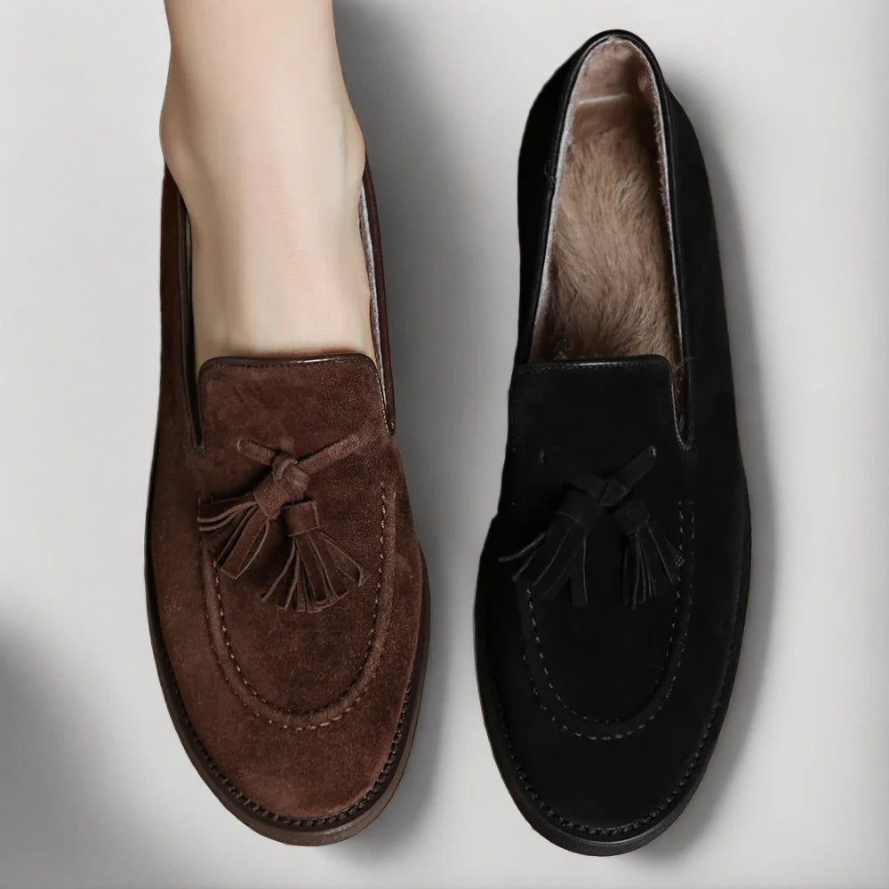 Mocassin femme frange marron, silhouette complète avec coupe accueillante