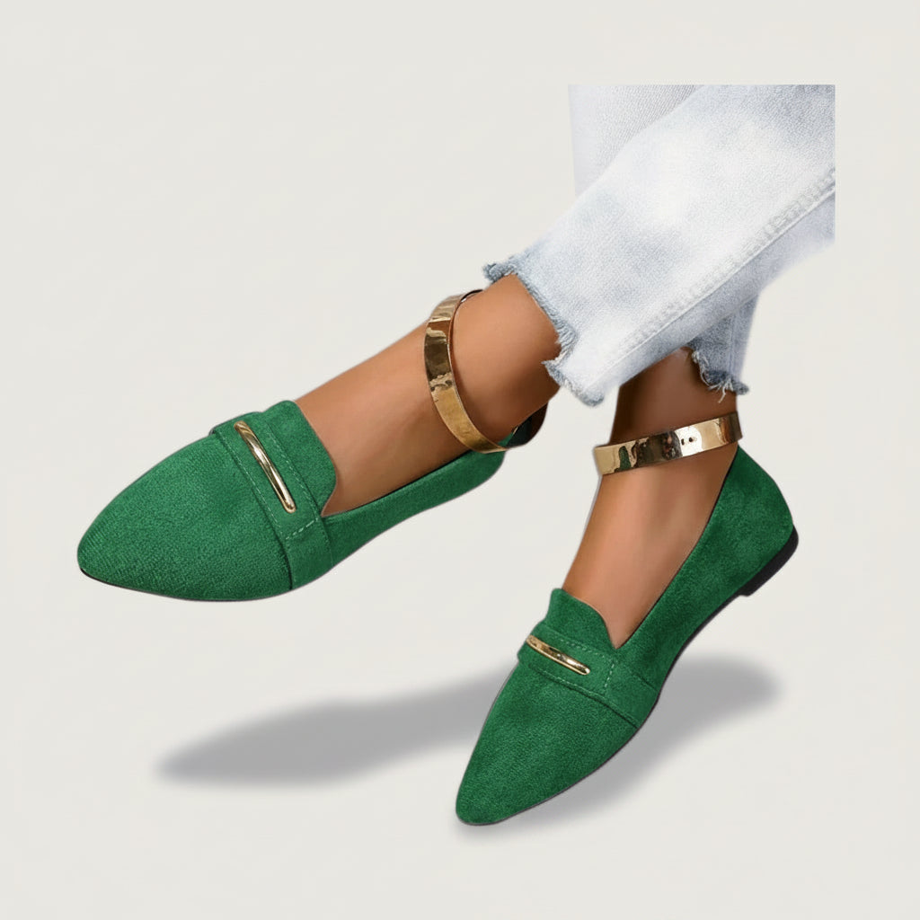 Mocassins bicolores femme vert et noir à bout pointu pour un look élégant