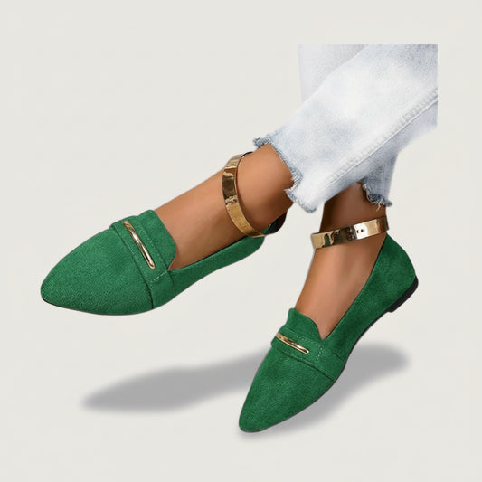Mocassins bicolores femme vert et noir à bout pointu pour un look élégant