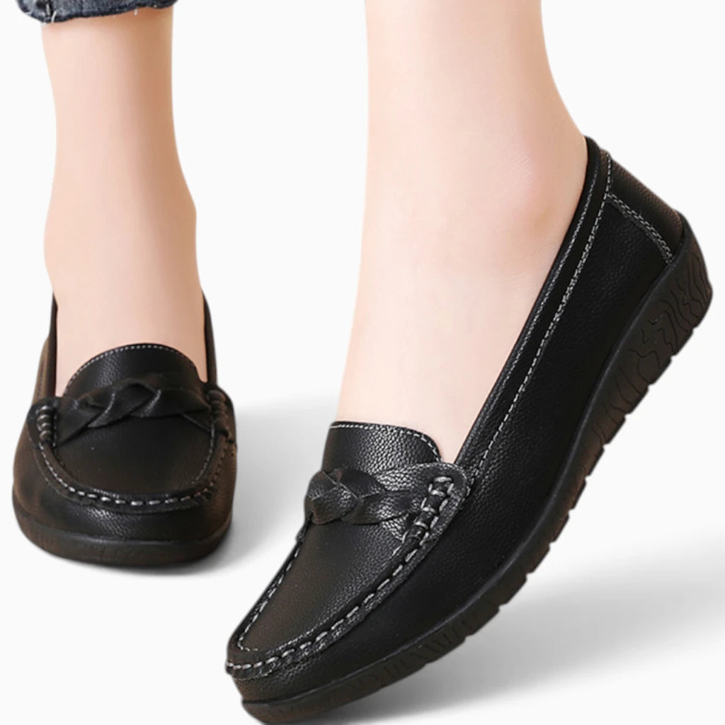 Mocassins chunky femme noir worn look, élégance désinvolte en croûte de cuir souple